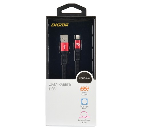 Кабель Digma LIGHT-1.2M-FLAT-BLK USB (m)-Lightning (m) 1.2м черный/красный плоский Кабель Digma LIGHT-1.2M-FLAT-BLK USB (m)-Lightning (m) 1.2м черный/красный плоский