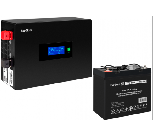 Инвертор ExeGate IdealSine SR-1000/DTM 1255 (12В, 55Ач) , 1000 ВА, 1 кВт, черный (EX297411RUS)