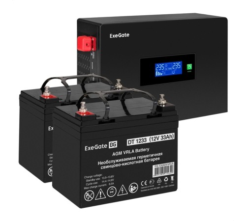 Инвертор ExeGate IdealSine SR-1500/2 x DT 1233 (12В, 33Ач), 1500 ВА, 1.5 кВт, черный (EX297428RUS)