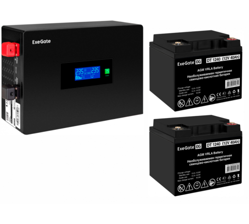 Инвертор ExeGate IdealSine SR-1500/2 x DT 1240 (12В, 40Ач), 1500 ВА, 1.5 кВт, черный (EX297430RUS)