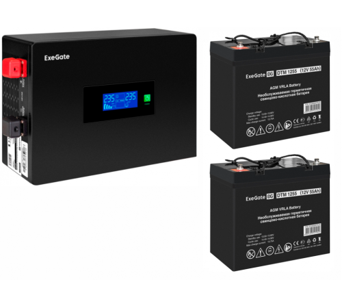 Инвертор ExeGate IdealSine SR-1500/2 x DTM 1255 (12В, 55Ач) , 1500 ВА, 1.5 кВт, черный (EX297434RUS)