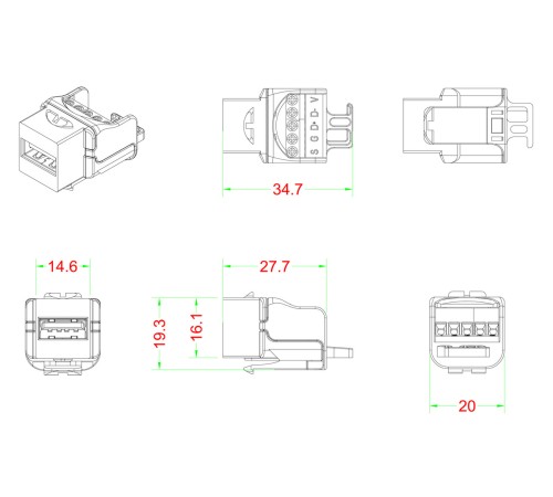 Вставка формата Keystone Jack USB 2.0 (Type A) под винт ROHS черная Hyperline KJ1-USB-A2-SCRW-BK