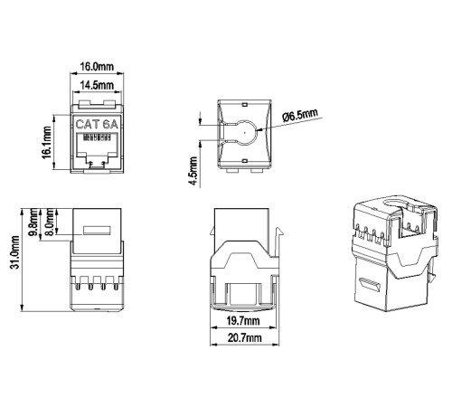 Вставка Keystone Jack RJ-45 (8P8C) Hyperline KJ8-8P8C-C6A-180-BK
