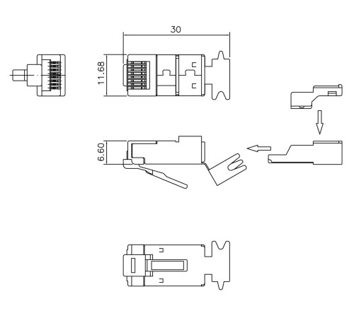 Разъем RJ-45 (8P8C) под витую пару 10Gb со вставкой (50 шт) Hyperline PLUG-8P8C-UV-C6A-SH-50
