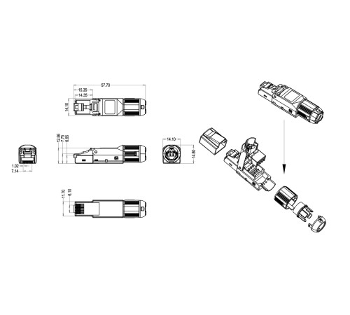 Разъем полевой оконцовки RJ-45 (8P8C) под витую пару для одножильного кабеля toolless категория 6A экранированный накручивающийся хвостовик IDC Hyperline PLUD-8P8C-S-C6A-SH