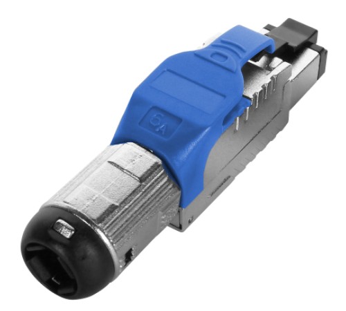 Разъем полевой оконцовки RJ-45 (8P8C) под витую пару для одножильного кабеля toolless категория 6A экранированный накручивающийся хвостовик синий Hyperline PLUE-8P8C-S-C6A-SH-BL