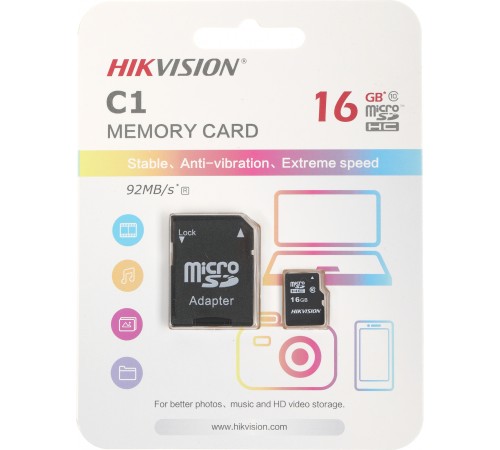 Флеш карта microSDHC 16GB Hikvision HS-TF-C1(STD)/16G/Adapter