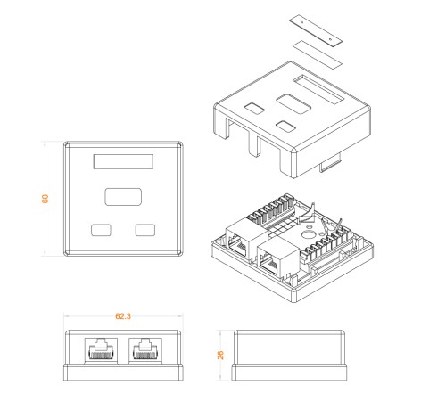Розетка компьютерная RJ-45 (8P8C) категория 5e экранированная двойная внешняя Dual IDC Hyperline SB1-2-8P8C-C5e-SH-WH Розетка компьютерная RJ-45 (8P8C) категория 5e экранированная двойная внешняя Dual IDC Hyperline SB1-2-8P8C-C5e-SH-WH