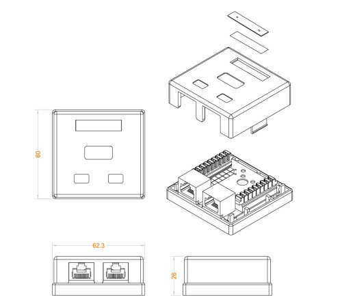 Розетка компьютерная RJ-45 (8P8C) категория 5e двойная внешняя Dual IDC Hyperline SB1-2-8P8C-C5e-WH Розетка компьютерная RJ-45 (8P8C) категория 5e двойная внешняя Dual IDC Hyperline SB1-2-8P8C-C5e-WH
