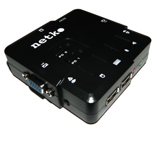 KVM Переключатель Netko настольный 2 порта USB+аудио в комплекте: кабеля 1.8м (NLVVUA18) черный NCS-21UA (54954)