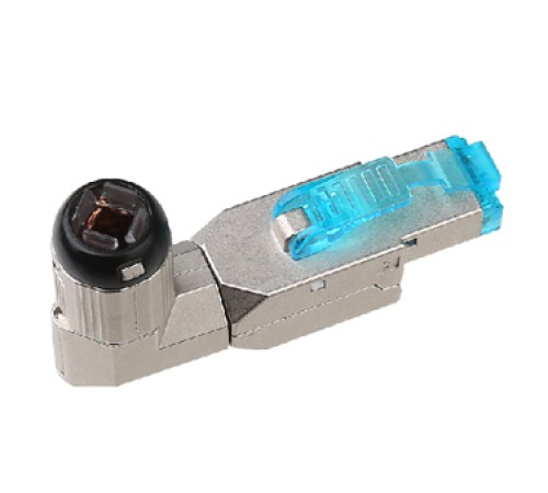 Разъем полевой оконцовки RJ-45 (8P8C) под витую пару угловой для одножильного кабеля toolless категория 8 экранированный накручивающийся хвостовик IDC Hyperline PLUD-A-8P8C-S-C8-SH