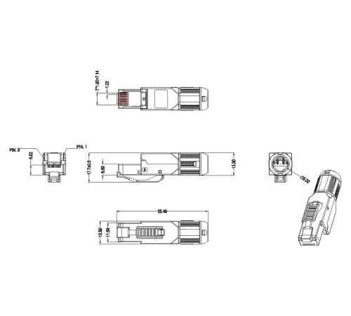 Разъем полевой оконцовки RJ-45 (8P8C) под витую пару для одножильного кабеля toolless категория 8 экранированный накручивающийся хвостовик IDC Hyperline PLUD-8P8C-S-C8-SH