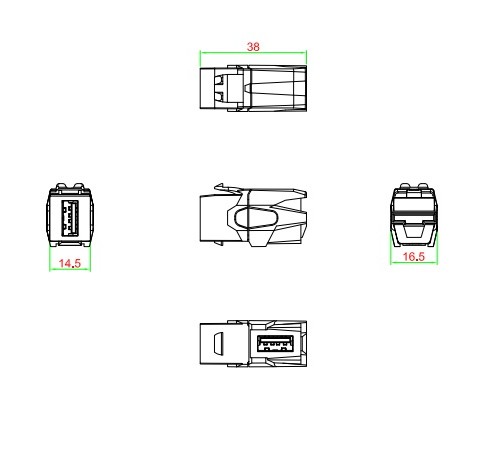 Вставка формата Keystone Jack с проходным адаптером USB 2.0 (Type A) 90 градусов ROHS черная Hyperline KJ1-USB-VA2-BK