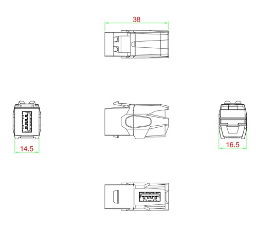 Вставка формата Keystone Jack с проходным адаптером USB 3.0 (Type A) 90 градусов ROHS черная Hyperline KJ1-USB-VA3-BK