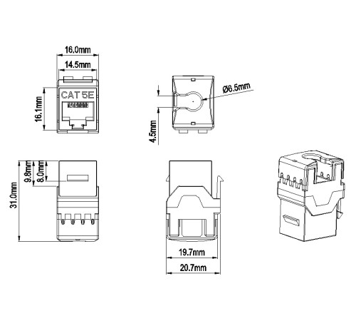 Вставка Keystone Jack RJ-45 (8P8C) Hyperline KJ8-8P8C-C5e-180-GY