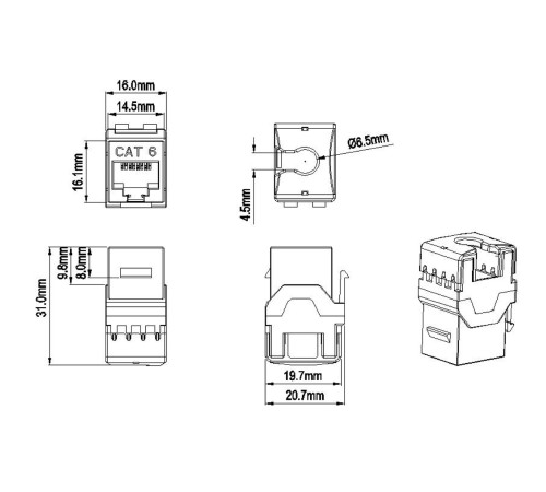 Вставка Keystone Jack RJ-45 (8P8C) Hyperline KJ9-8P8C-C6-90-BL