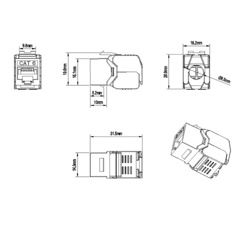 Вставка Keystone Jack RJ-45 (8P8C) Hyperline KJ8-8P8C-C6-180-TLS-WH