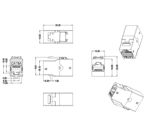 Проходной адаптер (coupler) RJ-45 (8P8C) формата Keystone Jack категория 6a 4 пары экранированный черный Hyperline CA2-KJ-C6A-SH-BK
