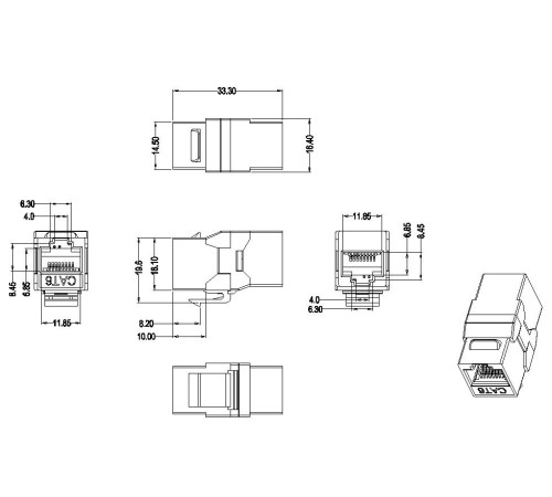Проходной адаптер (coupler) RJ-45 (8P8C) формата Keystone Jack категория 6 4 пары черный Hyperline CA2-KJ-C6-BK