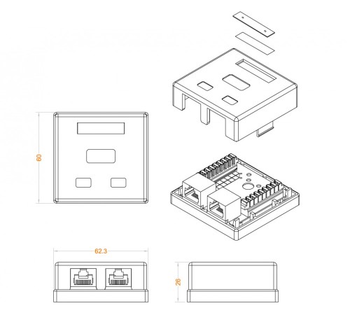 Розетка компьютерная RJ-45 (8P8C) категория 6 двойная внешняя Dual IDC Hyperline SB1-2-8P8C-C6-WH Розетка компьютерная RJ-45 (8P8C) категория 6 двойная внешняя Dual IDC Hyperline SB1-2-8P8C-C6-WH