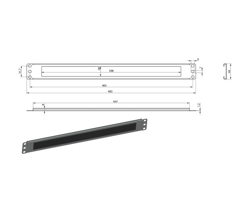 Фальш-панель на 1U с щеточным вводом цвет черный (RAL 9004/RAL 9005) Hyperline BPB19-1U-RAL9004