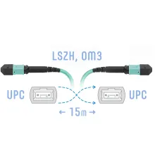 Патчкорд оптический MPO/UPC FF MM 12 волокон 15 метров (Cross) SNR SNR-PC-MPO/UPC-MPO/UPC-FF-MM-12F-15m