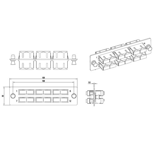 Панель для FO-19BX с 6 SC (duplex) адаптерами Hyperline FO-FPM-W120H32-6DSC-BL
