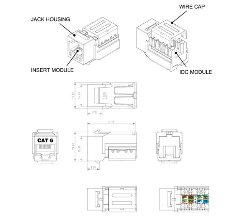 Вставка Keystone Jack RJ-45 (8P8C) Hyperline KJNE-8P8C-C6-90-WH