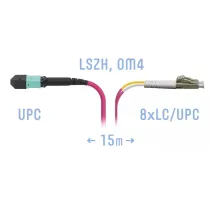 Патчкорд оптический MPO/UPC-8LC/UPC DPX MM (50/125 OM4) 15 метров SNR SNR-PC-MPO/UPC-8LC/UPC-DPX-MM4-15m