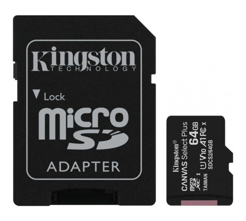 Карта памяти 64Gb MicroSD Kingston Canvas Select Plus + SD адаптер SDCS2/64GB