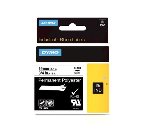 Полиэстровая лента для принтеров DYMO Rhino 19мм x 5,5м с постоянным клеем, выдерживает экстремальные температуры, черный на белой ленте (Original)