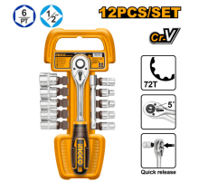 Набор инструментов 12 шт 1/2" с ключом-храповиком Ingco HKTS12122,10-21мм, CR-V