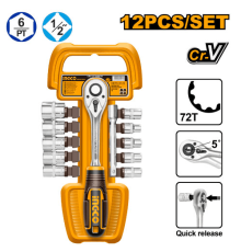 Набор инструментов 12 шт 1/2" с ключом-храповиком Ingco HKTS12122,10-21мм, CR-V