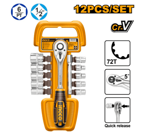 Набор инструментов 12 шт 1/2" с ключом-храповиком Ingco HKTS12122,10-21мм, CR-V Набор инструментов 12 шт 1/2" с ключом-храповиком Ingco HKTS12122,10-21мм, CR-V