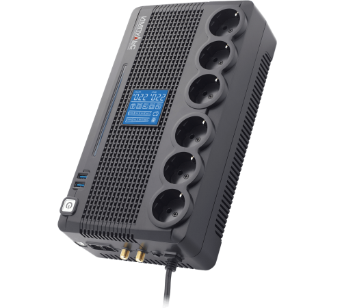 ИБП ПИОНЕР 800, 800/480 Ва/Вт, LCD, USB, CHRG USB, RJ45/11, SCHUKOx6