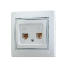 Розетка компьютерная + телефонная 2-м СП Mira RJ45 + RJ11 IP20 с сер. вставкой бел. LEZARD 701-0215-