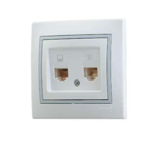 Розетка компьютерная + телефонная 2-м СП Mira RJ45 + RJ11 IP20 с сер. вставкой бел. LEZARD 701-0215-