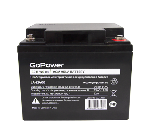 Аккумулятор свинцово-кислотный GoPower LA-12400 12V 40Ah Аккумулятор свинцово-кислотный GoPower LA-12400 (00-00017021)