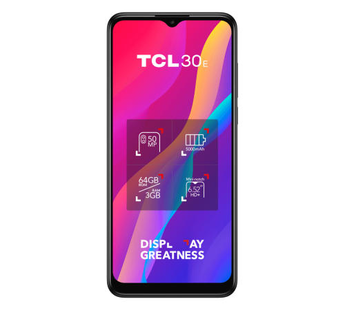 TCL 30E Grey, 16,56 см (6.52") 20:9 720x1600, 4x1,8 ГГц+4x1,5 ГГц, 8 Core, 3GB RAM, 64GB, up to 512GB flash, 50 МП + 2 МП/5Mpix, 2 Sim, 2G, 3G, LTE, BT v5.0, Wi-Fi, NFC, GPS, Type-C, 5000mAh, Android 12, 190g, 165,2 ммx75,5 ммx8,9 мм
