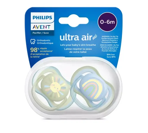 Пустышка ultra air, солнышко/радуга, для мальчиков, 0-6 мес., 2 шт. Philips SCF085/58