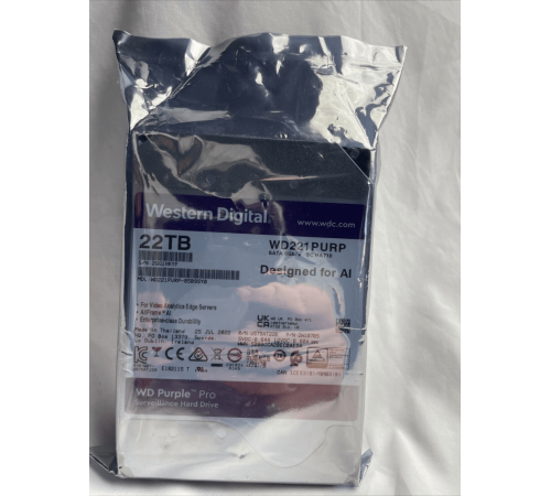 Жесткий диск Western Digital Purple PRO WD181PURP 22TB 3.5" 7200 RPM 512MB SATA-III All Frame AI для систем видеонаблюдения Жесткий диск Western Digital Purple PRO WD181PURP 22TB 3.5" 7200 RPM 512MB SATA-III All Frame AI для систем видеонаблюдения