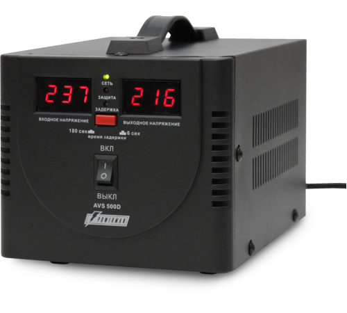 Стабилизатор POWERMAN AVS 500D, черный, ступенчатый регулятор, цифровые индикаторы уровней напряжения, 500ВА, 140-260В, максимальный входной ток 5А, 2 евророзетки, IP-20, напольный, 200мм х 150мм х 140мм, 2,3 кг. POWERMAN AVS 500D (POWERMAN AVS 500D Blac Стабилизатор POWERMAN AVS 500D, черный, ступенчатый регулятор, цифровые индикаторы уровней напряжения, 500ВА, 140-260В, максимальный входной ток 5А, 2 евророзетки, IP-20, напольный, 200мм х 150мм х 140мм, 2,3 кг. POWERMAN AVS 500D (POWERMAN AVS 500D Blac