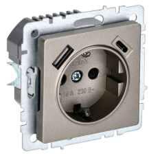 Розетка BRITE РЮш11-1-БрШ 16А с USB A+C 18Вт с заземл. защ. шторки шампань IEK BR-R14-16-U22-018-K37