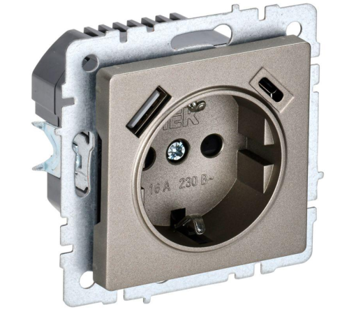 Розетка BRITE РЮш11-1-БрШ 16А с USB A+C 18Вт с заземл. защ. шторки шампань IEK BR-R14-16-U22-018-K37