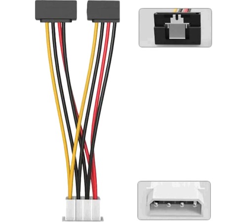 Кабель-переходник питания Vention  MOLEX 4pin M / 2 x SATA 15pin F угол 90 - 0.15м Кабель-переходник Vention Molex 4M/SATA 15F x 2 угол 90 (KDCBB)