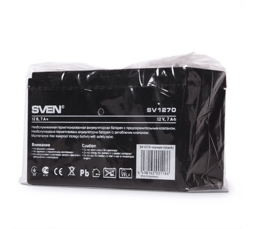 Батарея SVEN SV 1270 (12V 7Ah), напряжение 12В, емкость 7А*ч, макс. ток разряда 105А, макс. ток заряда 2.1А, свинцово-кислотная типа AGM, тип клемм F2, Д/Ш/В 151/65/94 мм, 2.1кг Sven SV1270 (SV-0222007)