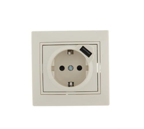 Розетка 1-м СП Mira 16А с заземл. + USB разъем крем. LEZARD 701-0303-181
