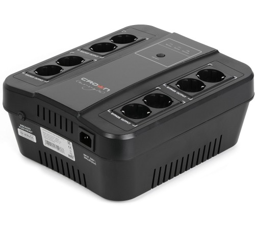 ИБП CROWN 650VA/390W, корпус пластик, 1x12V/7AH, розетки 8*EURO, трансформатор AVR 220/230/240В ± 25%, съёмный кабель питания 1.8 м, порт RJ-11/45, порт USB управление с ПК, LED-индикация, защита: от перегрузки, от КЗ, от перепадов напряжения, ПО UPS CROW