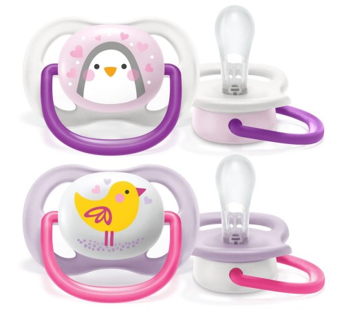 Пустышка ultra air Lime, Пингвин/Птичка, 0-6 мес, 2 шт, для девочек Philips SCF080/06