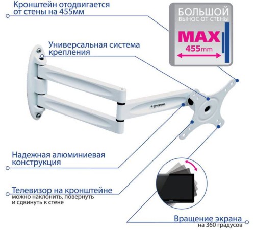 Кронштейн для телевизора Kromax TECHNO-11 белый 10"-32" макс.15кг настенный поворот и наклон Кронштейн для телевизора Kromax TECHNO-11 белый 10"-32" макс.15кг настенный поворот и наклон